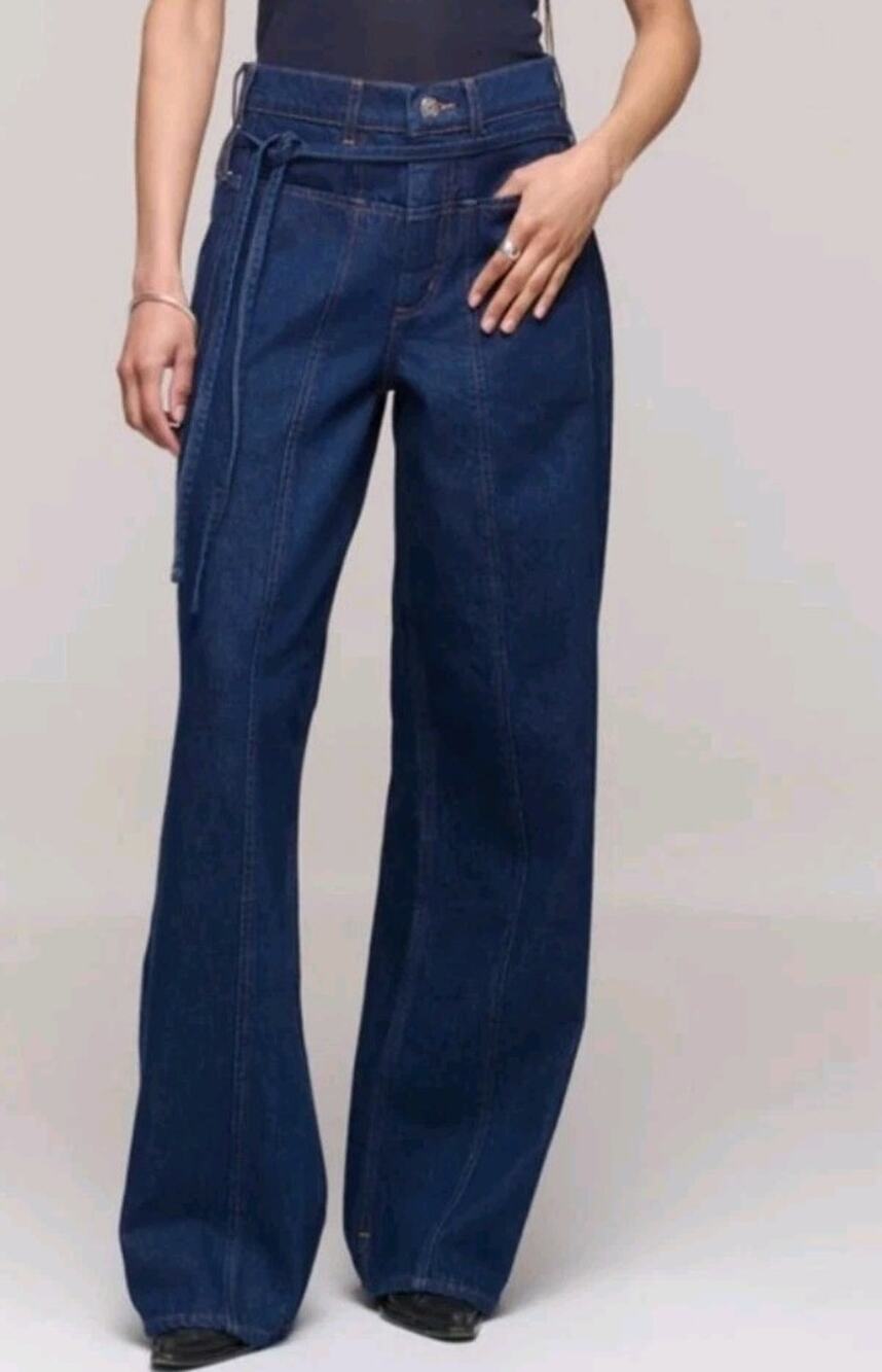 NEW DALA Drop Waist Sling Jeans Size 33 Blue Wide-Leg Organic Cotton Denim Dark